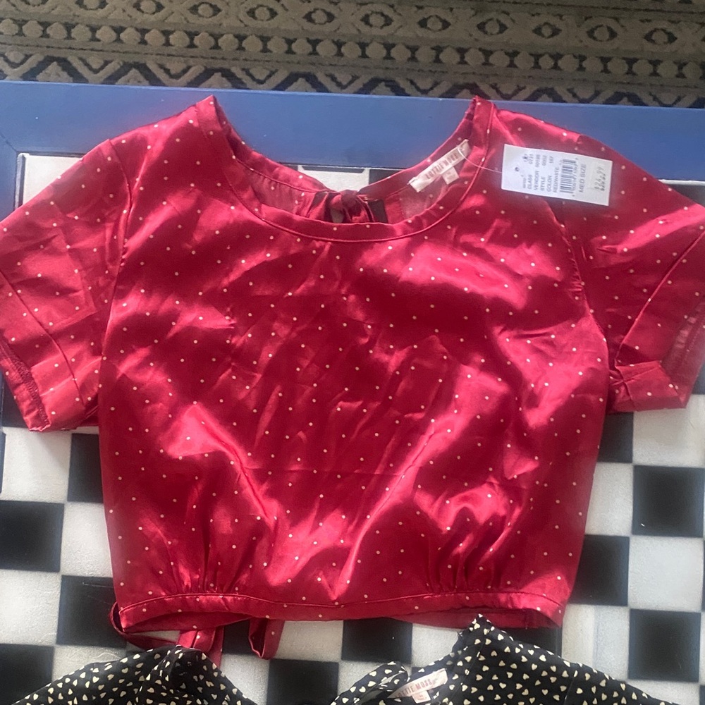 Red Satin Polka Dot Crop Top and blk heart ties around open back. Red is nwt,